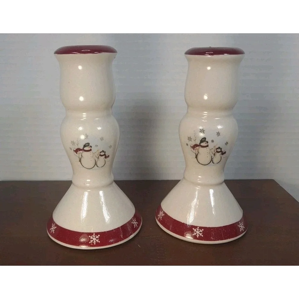 Set of 2 Royal Seasons Stoneware Jolly Snowman Candle Holders‎ Sticks 5-1/4